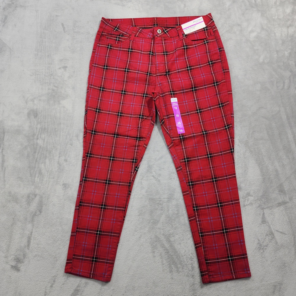 NEW Arizona Jean Co Leggings Women 15 Juniors Red Plaid Mid Rise Jegging Stretch